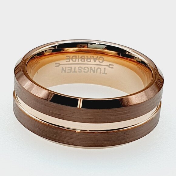 Brown and Rose Gold Tungsten Men's Wedding Ring, GALTUN600 - Picture 6 of 10